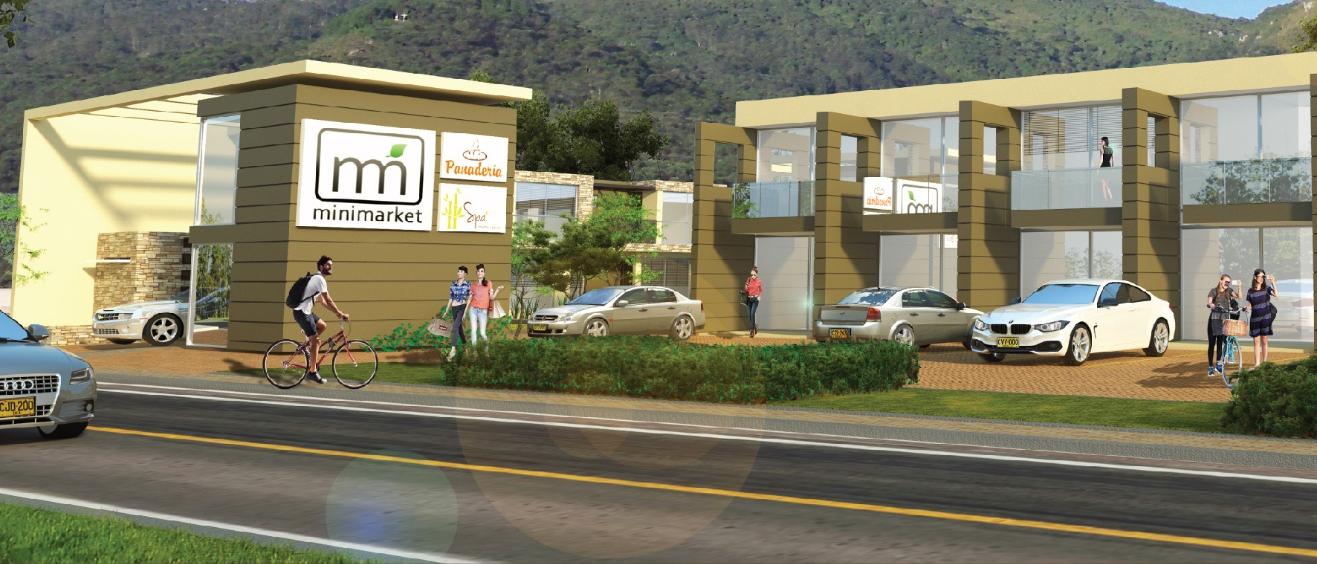 Render arquitectónico de los locales comerciales de Tramonto Market con minimarket, panadería y spa