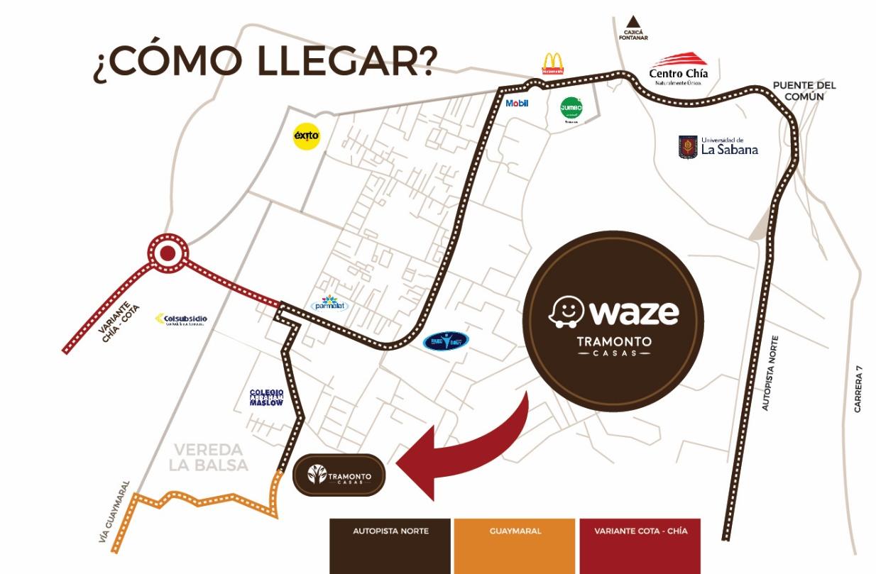 Mapa de ubicación de Tramonto Market en la Vereda La Balsa, Chía, con acceso por variante Chía–Cota