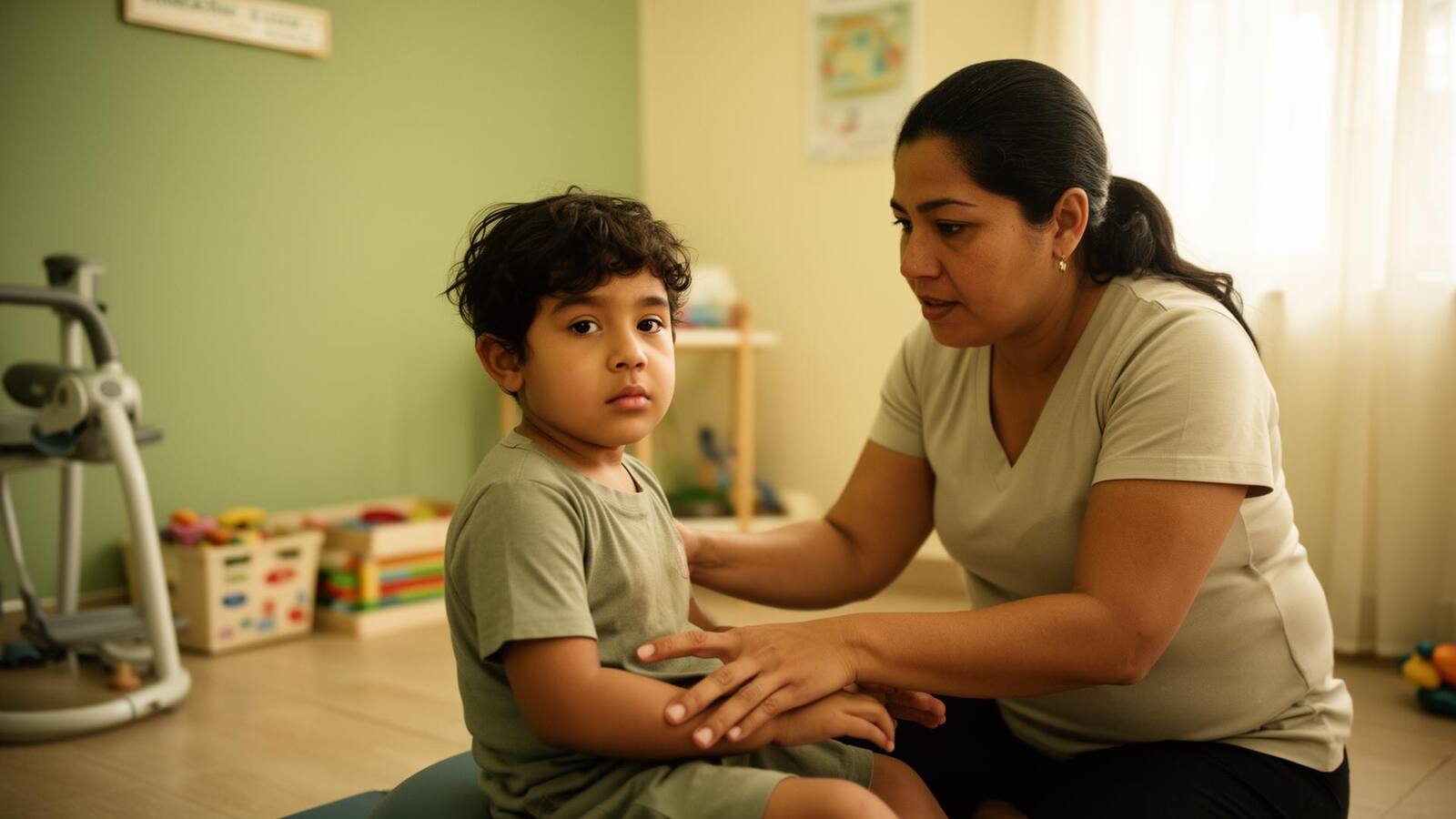 Madre cuidadora acompañando a su hijo durante una sesión de terapia física.