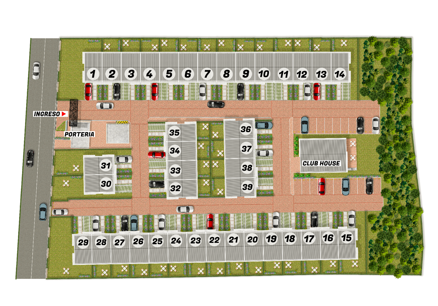 Plano urbanístico de BOSCO Reservado: 39 unidades residenciales con Club House, portería y zonas verdes en Chía.