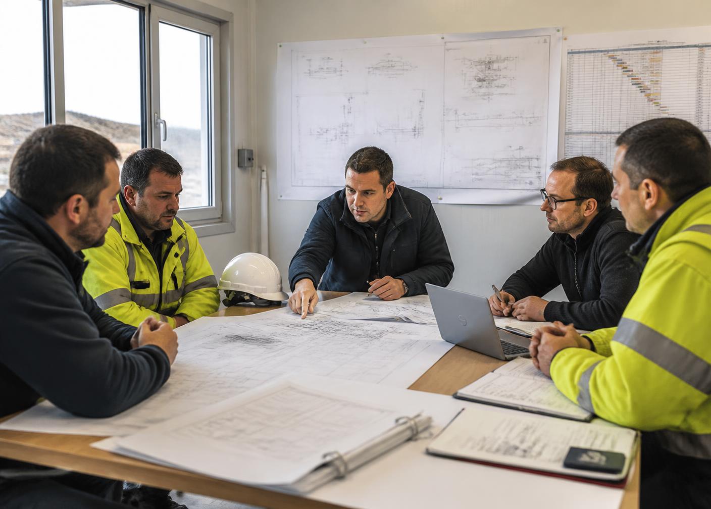 Equipo de gerencia de proyectos revisando documentación técnica