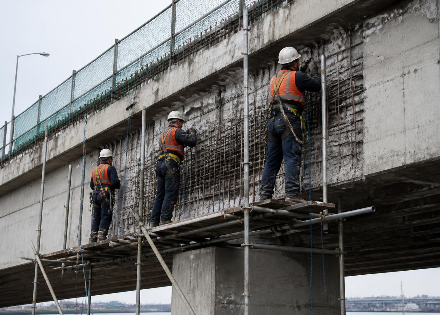 Cuadrilla realizando reparación estructural en la viga de un puente de concreto