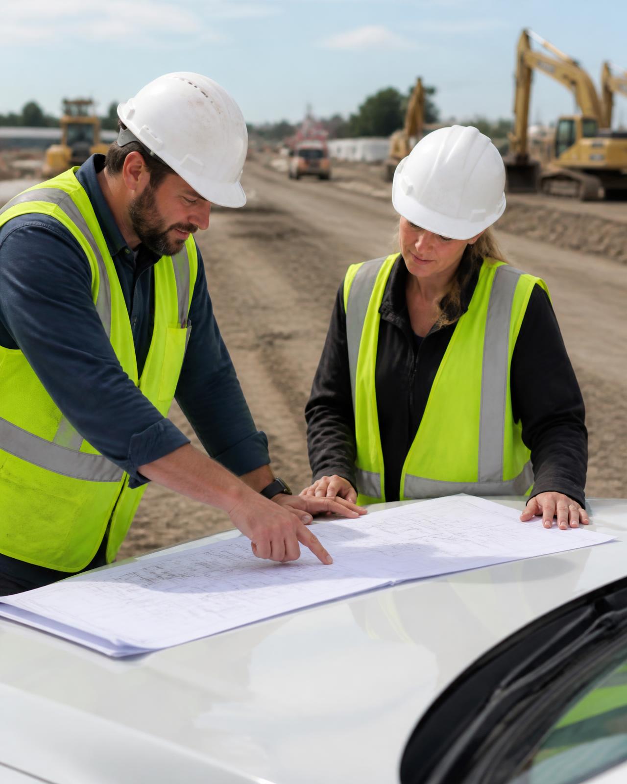 Equipo de ingeniería de GIA revisando planos en obra