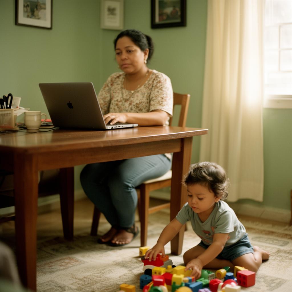 Madre cuidadora trabajando desde su computador mientras su hijo juega cerca.