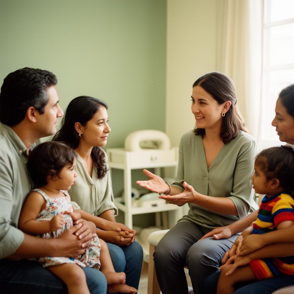 Terapeuta orientando a una familia durante un ejercicio de rehabilitación.