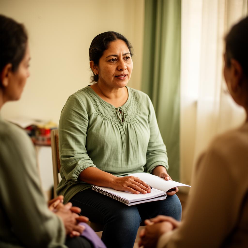 Madre cuidadora participando en un círculo de apoyo emocional.