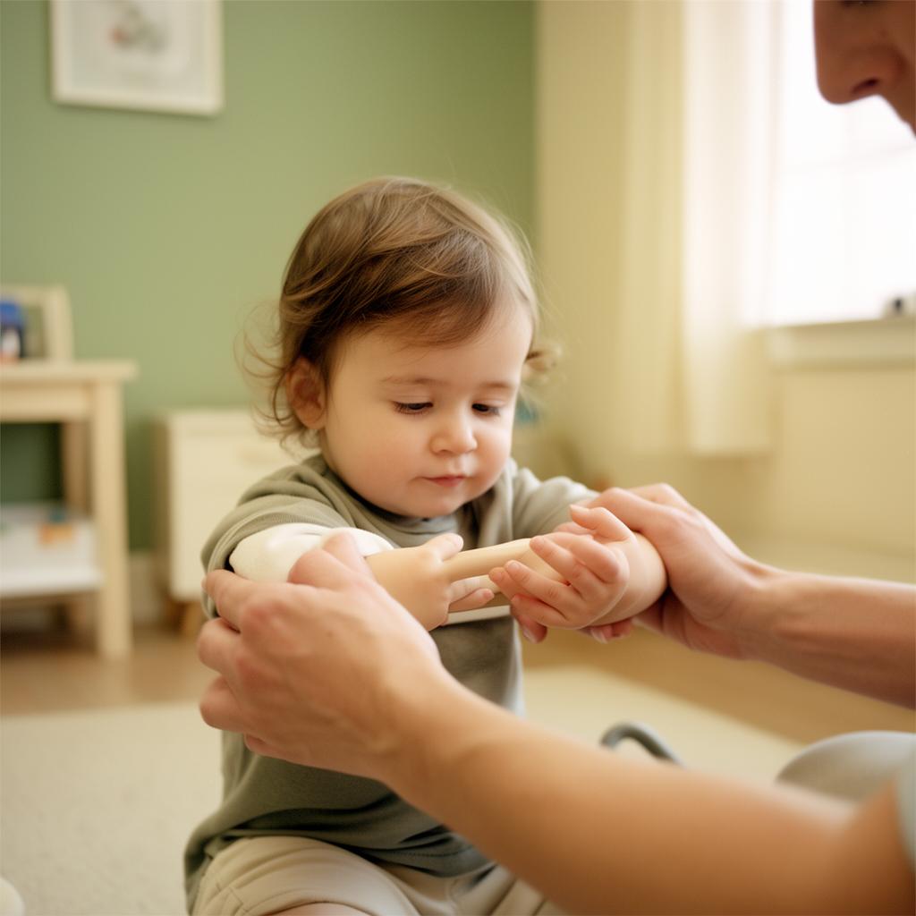 Niño en una sesión de terapia pediátrica con acompañamiento cercano.