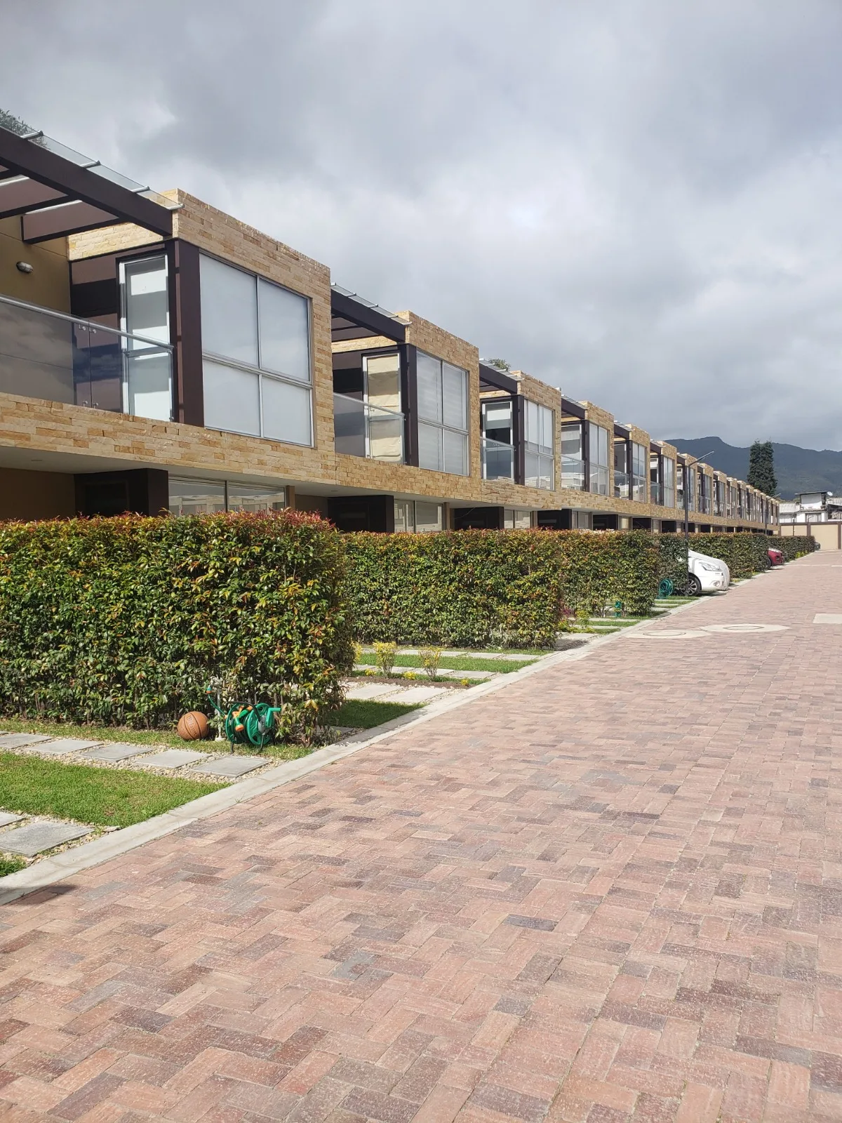 Foto real del corredor interno empedrado de Bosco Reservado con casas terminadas y setos verdes
