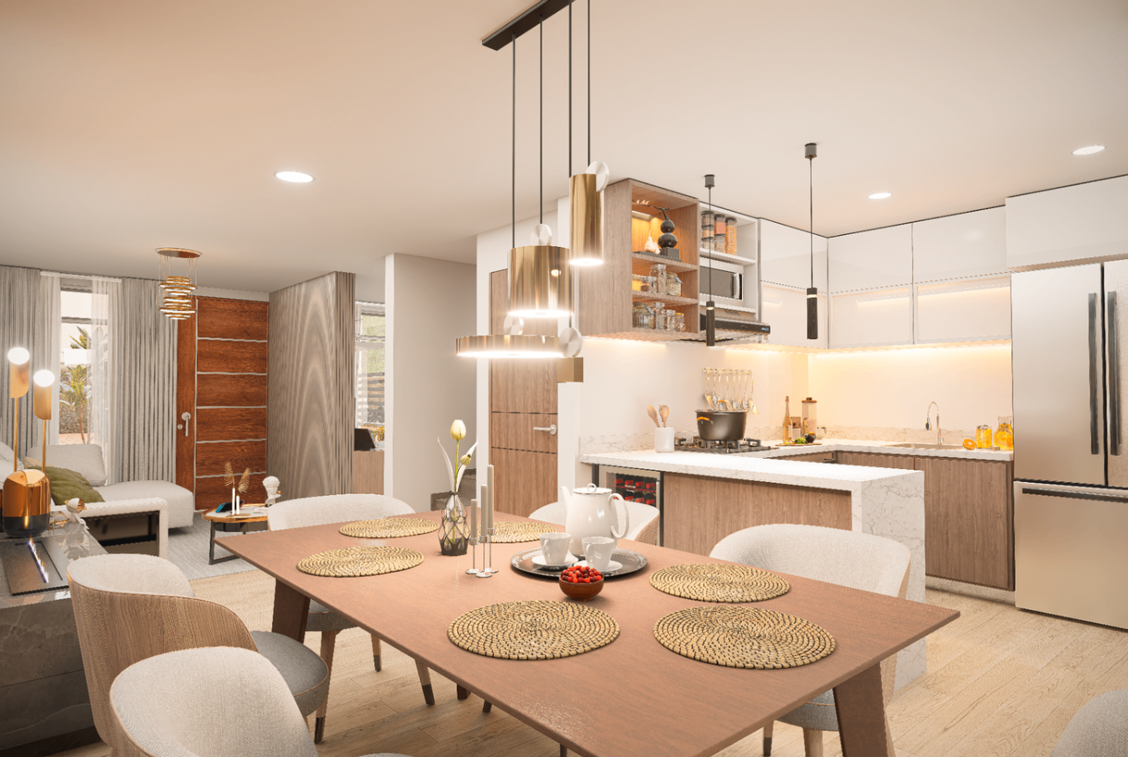 Render del comedor de Bosco Reservado abierto a la cocina integral con isla en quartz, lámparas colgantes en bronce y nevera empotrada