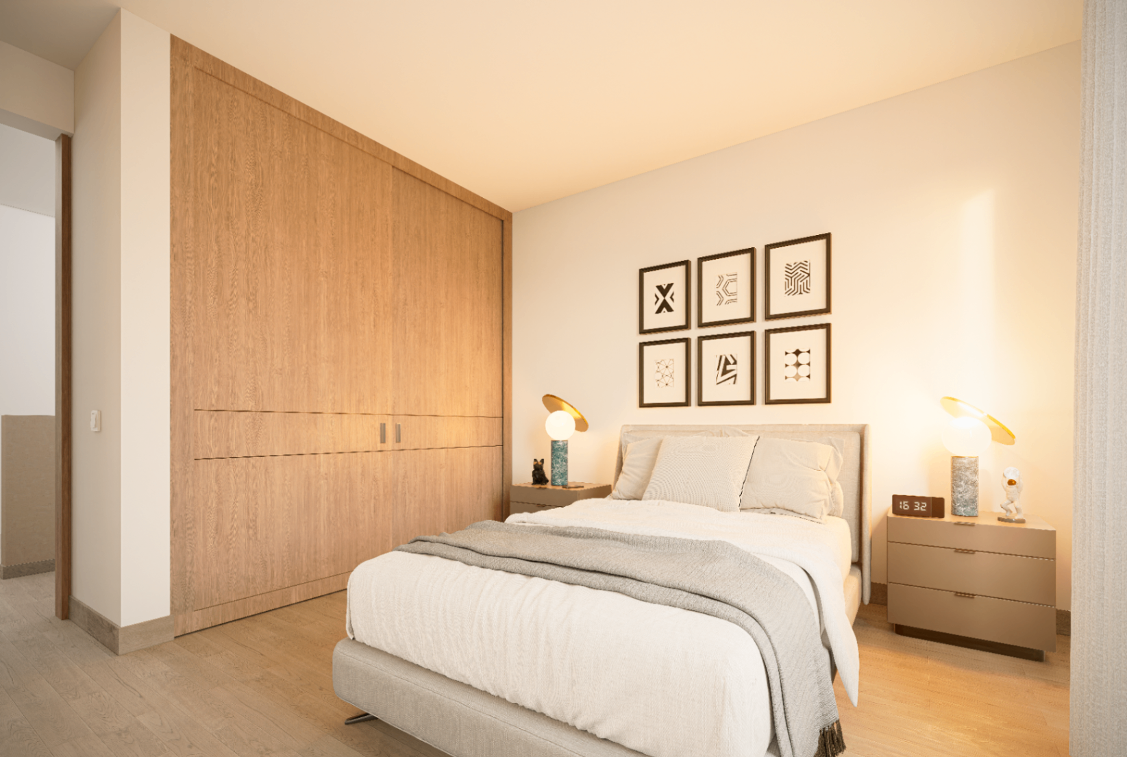 Render de la habitación auxiliar de Bosco Reservado con closet empotrado en madera, galería de arte enmarcado y luz natural cálida
