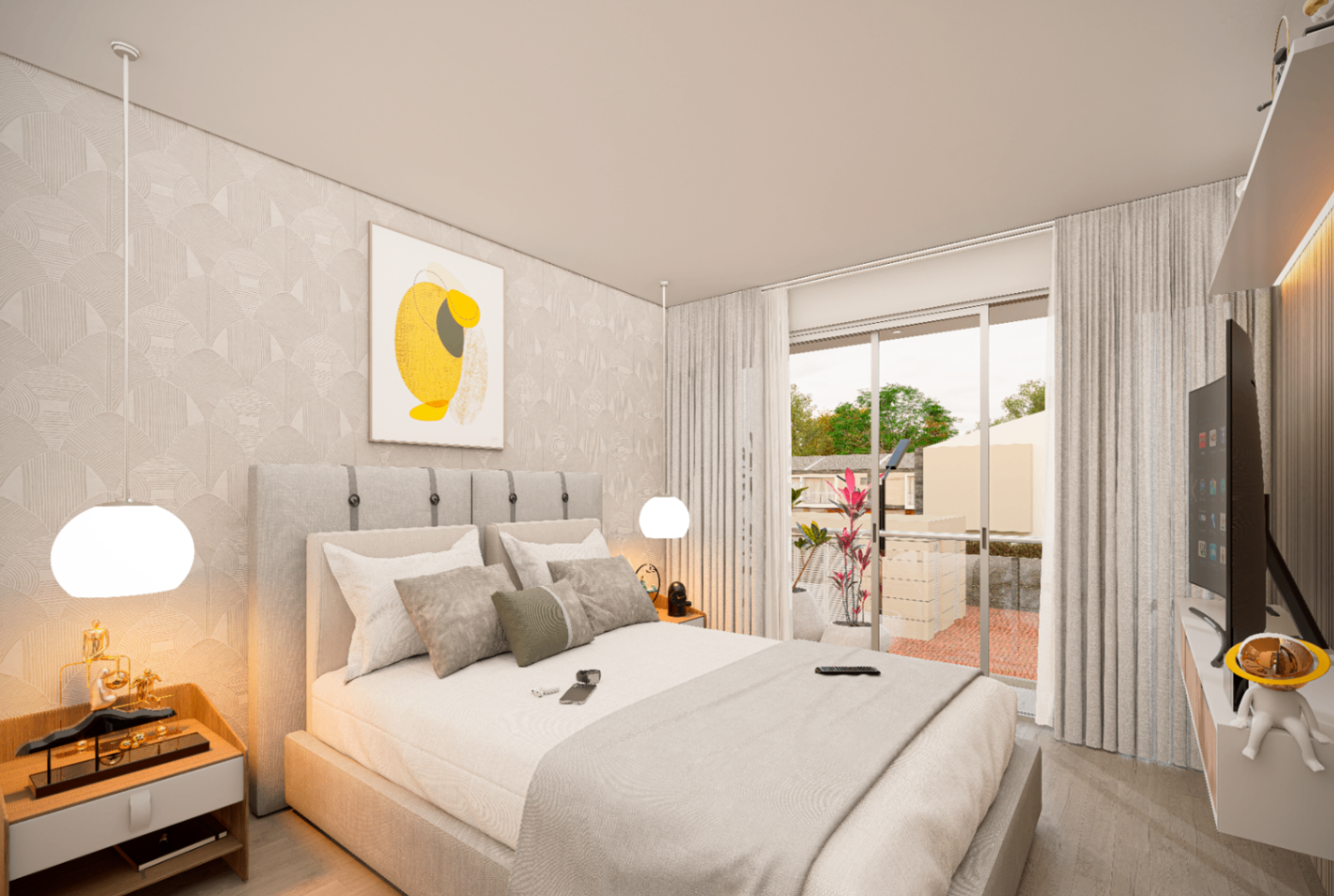 Render de la habitación principal de Bosco Reservado con cabecero tapizado, papel tapiz Art Déco y balcón privado con vista al jardín