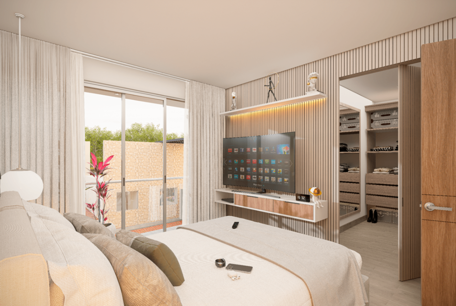 Render de la habitación principal de Bosco Reservado con TV en panel de listones de madera, walk-in closet integrado y salida a balcón