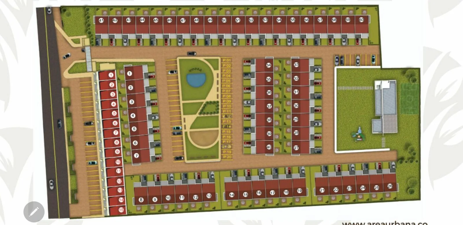 Plano general del conjunto Bosco Reservado mostrando 60 casas numeradas, parqueaderos de visitantes, zona social y zonas verdes