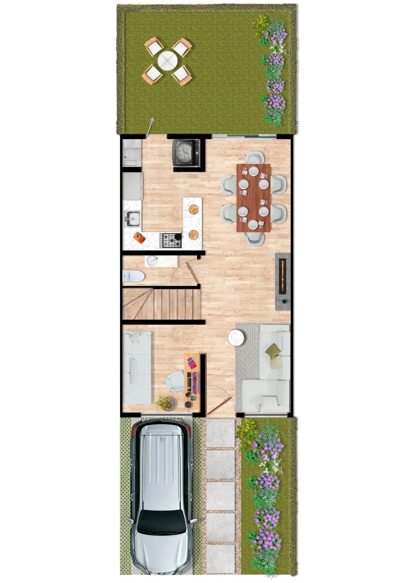 Plano del primer piso de casa medianera en BOSCO Reservado