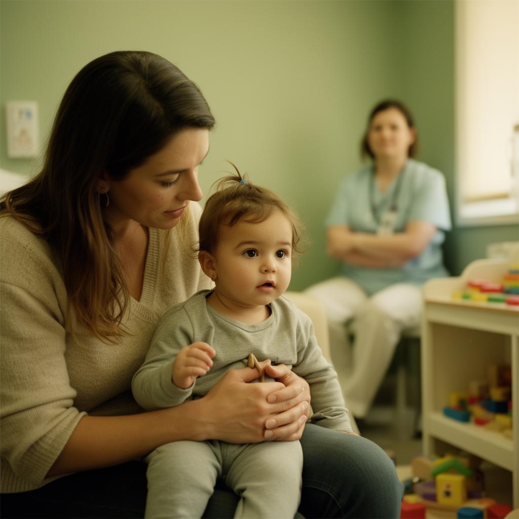 Un niño da sus primeros pasos en un espacio de terapia luminoso y cálido.